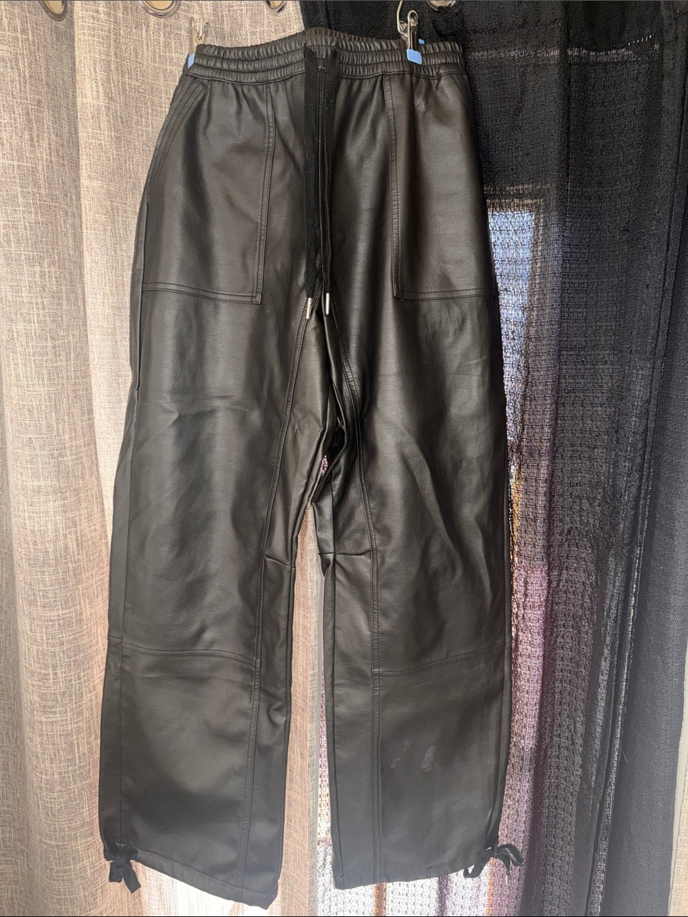 Forever 21 Black Faux Leather Drawstring Joggers - Wide Leg